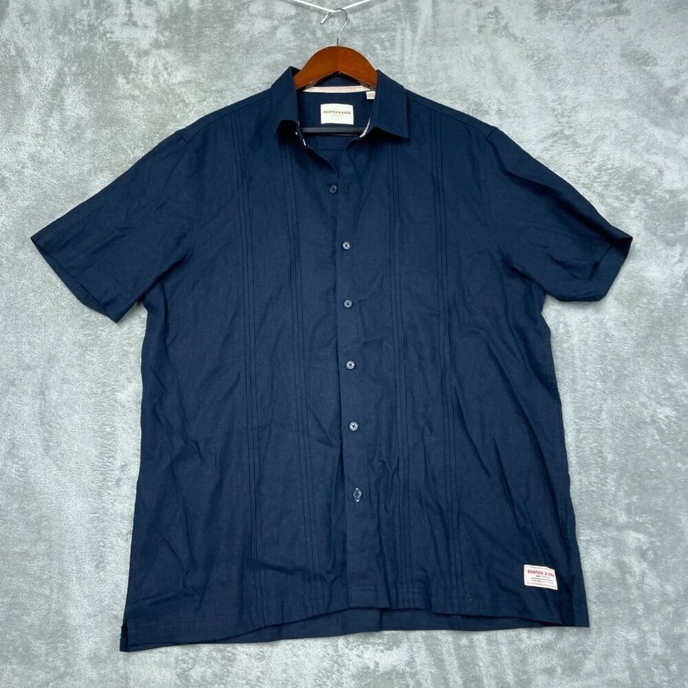 Scotch & Soda Mens Blue Button-Up Shirt Large Linen Blend a1481